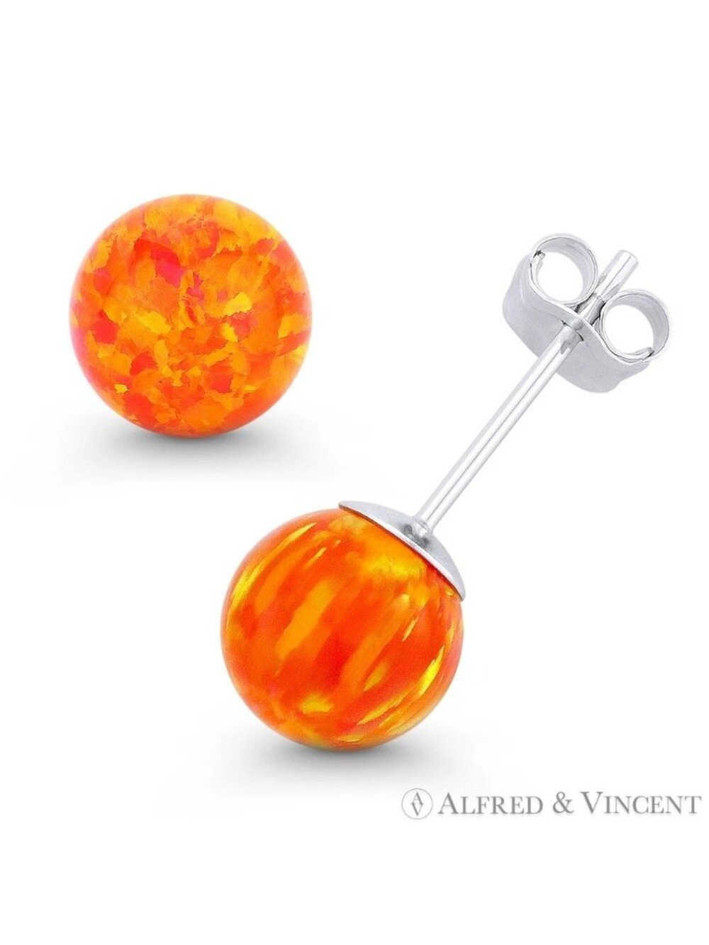 Fiery Orange & Red Lab Opal Ball Pushback Stud Earrings in 14k White Gold